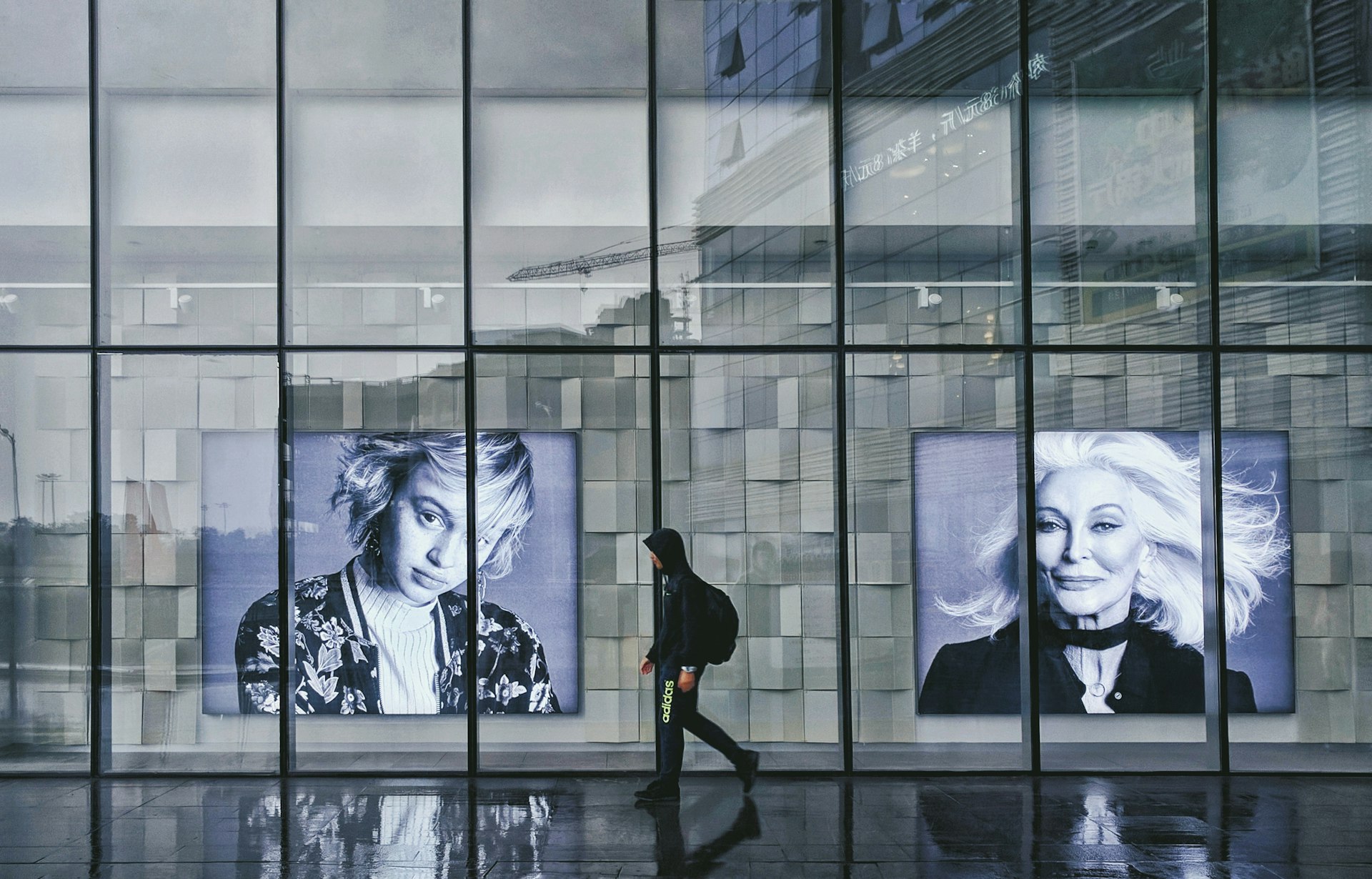 Stylish display of fashion portraits Storefront with large black-and-white portraits.